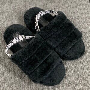 Guess Rozy Slippers Womens Size 6 Black Faux Fur Platform Slides Slingback